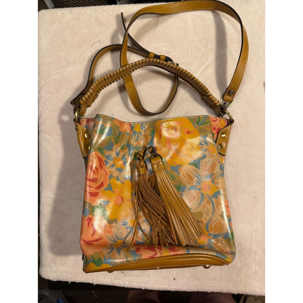 Patricia Nash Floral Leather Bucket Bag Crossbody Tassel Tan Multi Color